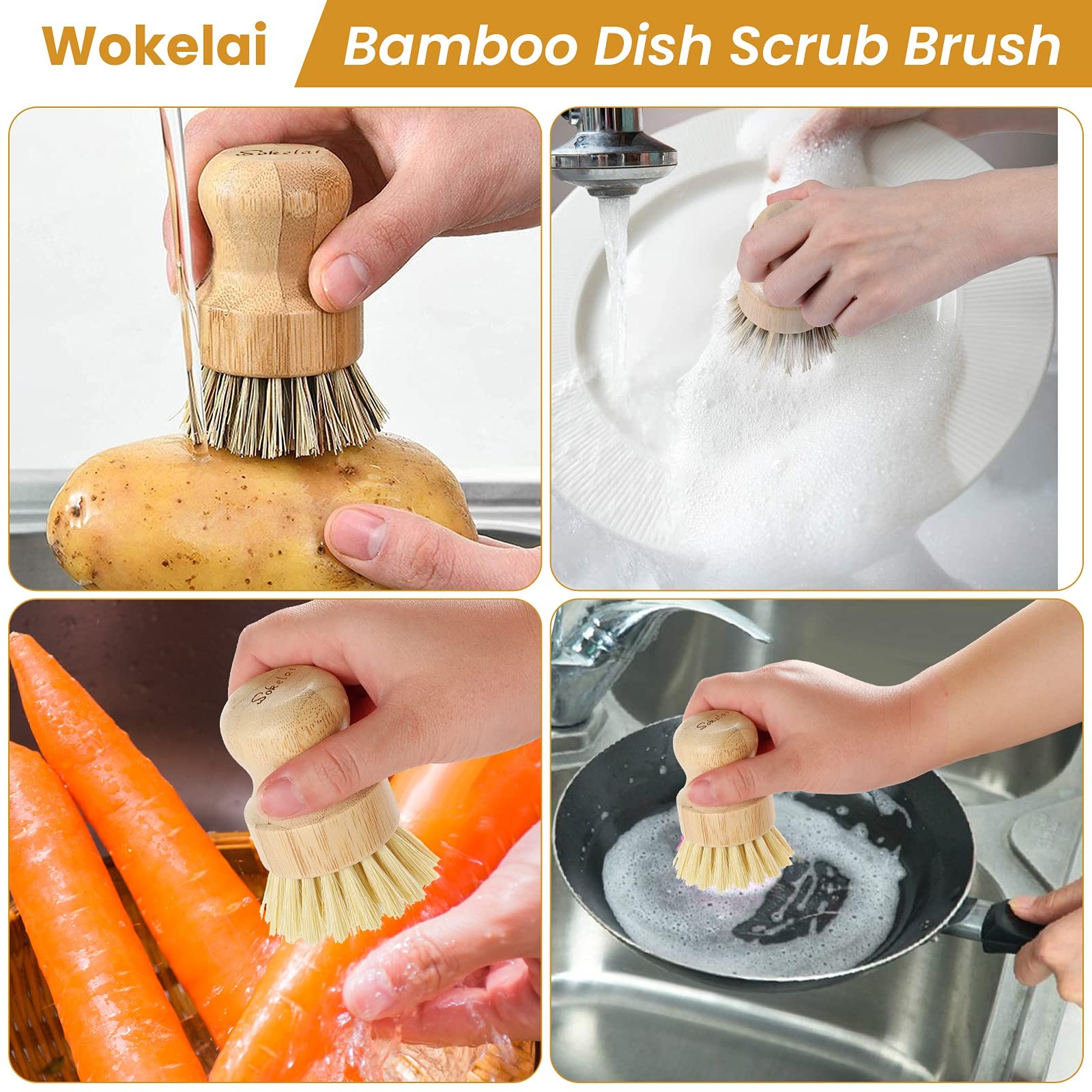 Bamboo Dish Scrub Brushes Set for Kitchen – Wooden Cleaning Scrubbers Brushes…