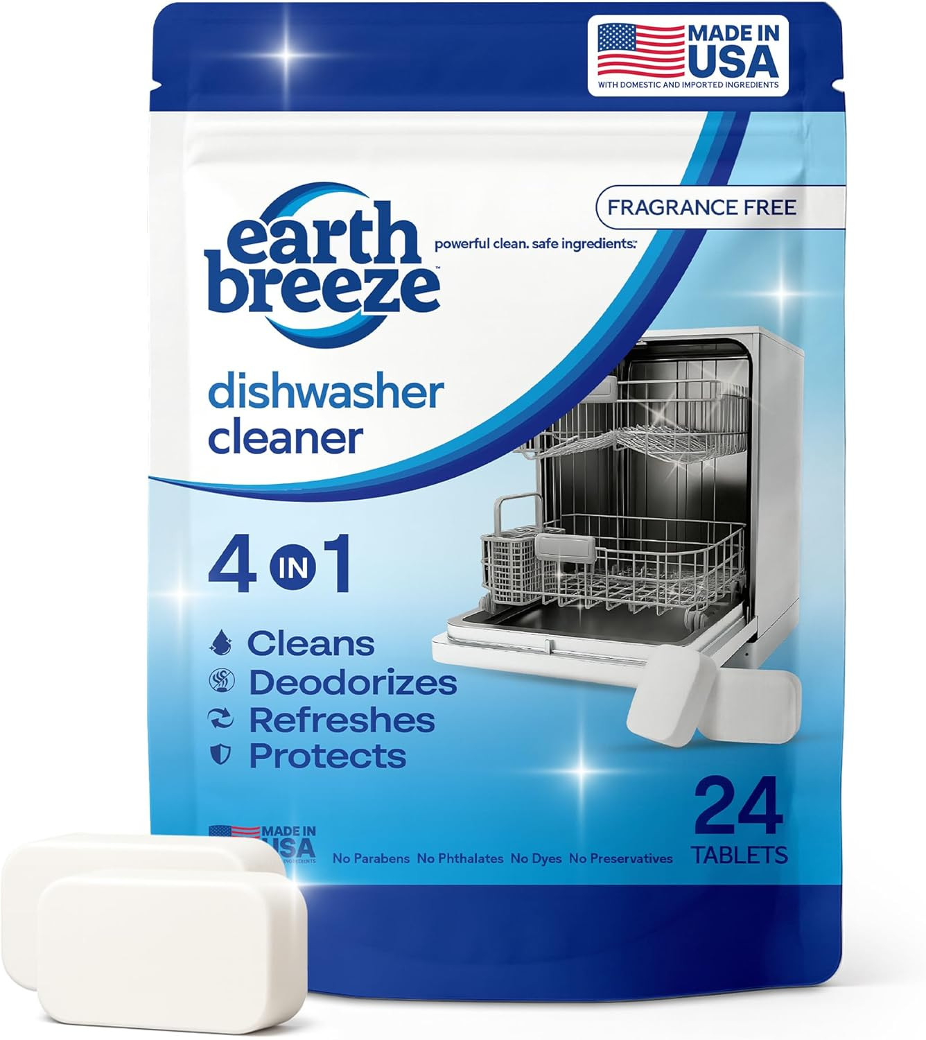 Earth Breeze Dishwasher Cleaner Tablets – 4-in-1 Cleans, Deodorizes, Refreshes &