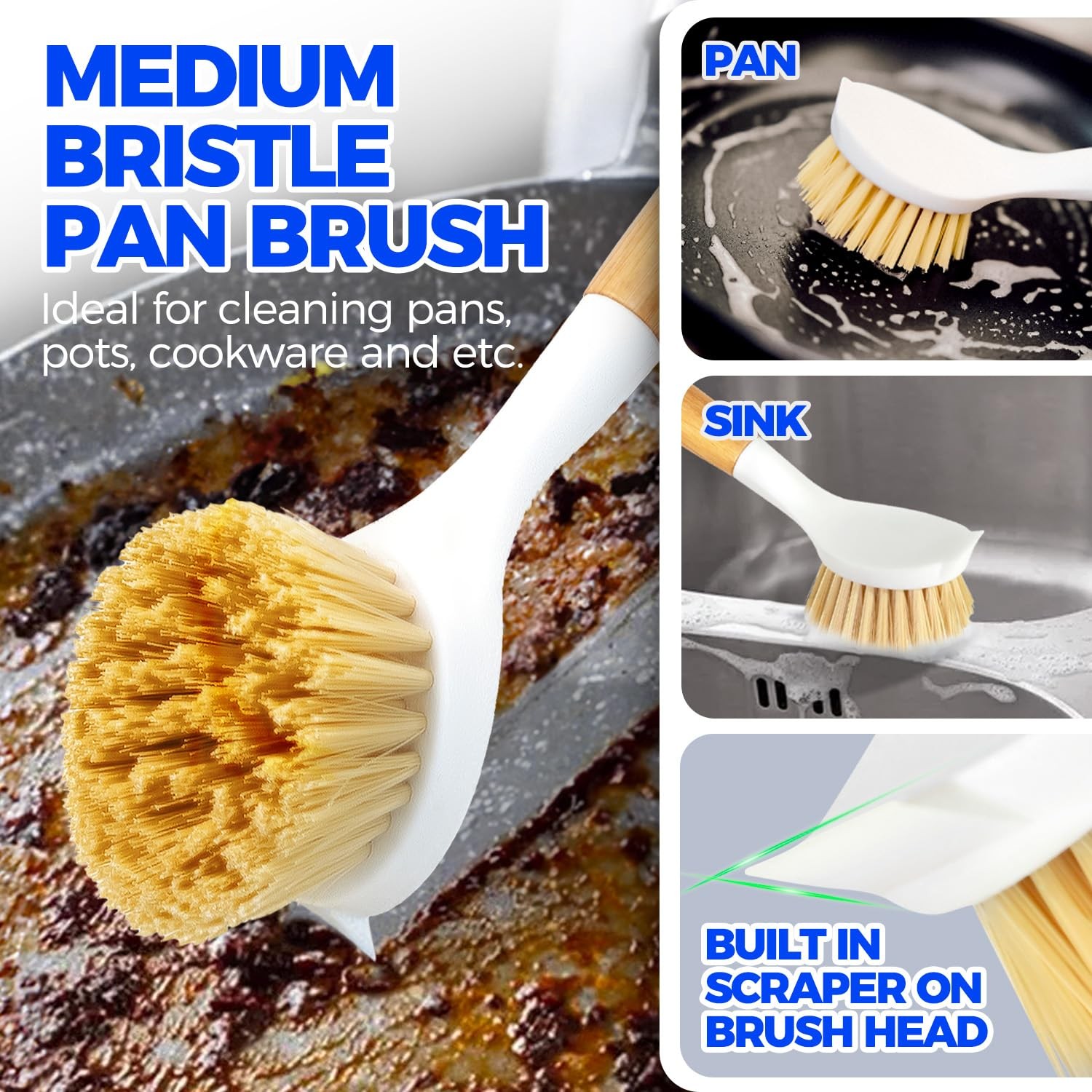 3 Pack Dish Brush Set with Bamboo Handle, Kitchen Brushes for Cleaning