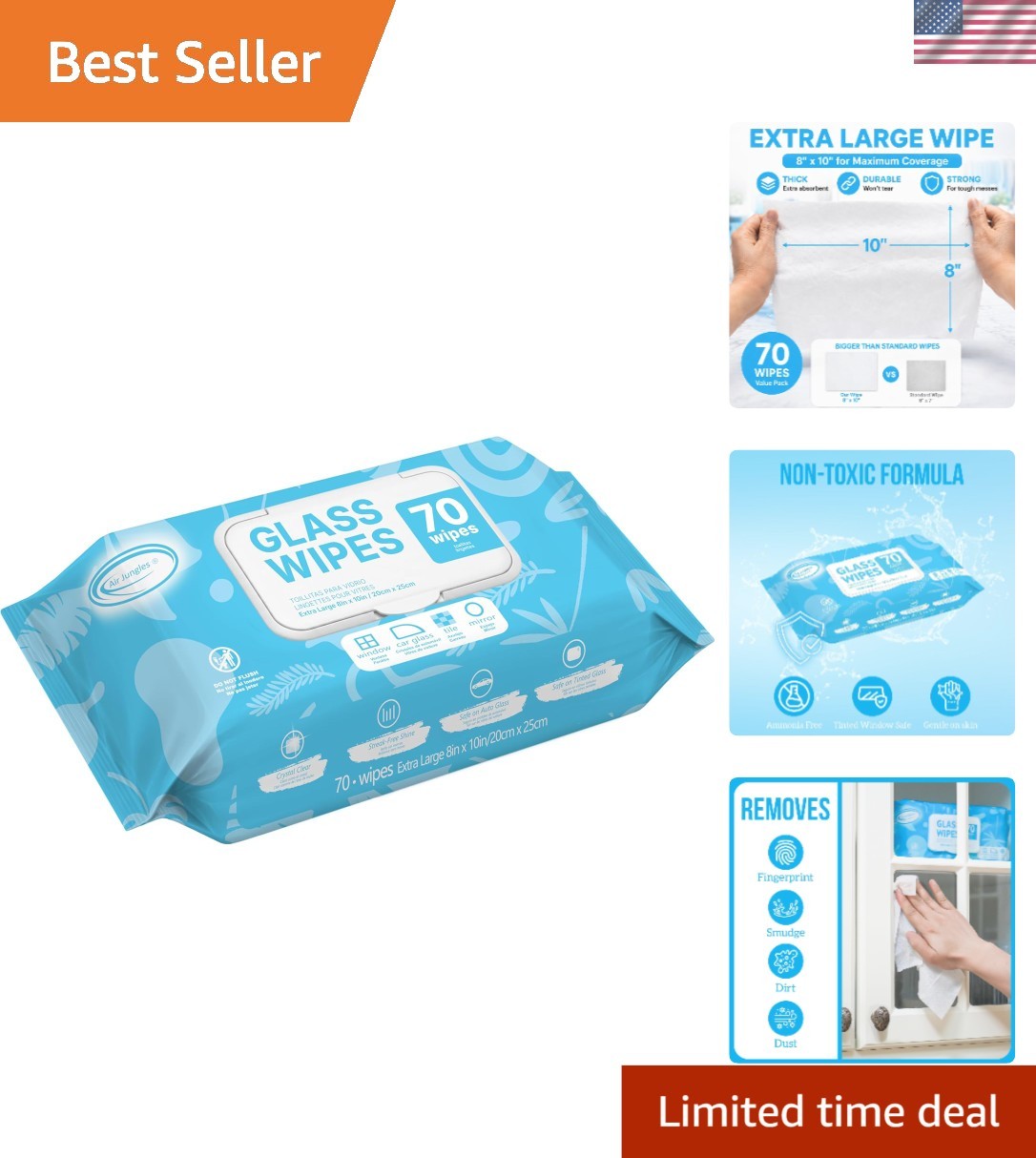 Glass & Window Cleaner Wipes 70 Count, XL 8×10 Inch | Ammonia-Free, Streak-Fr…