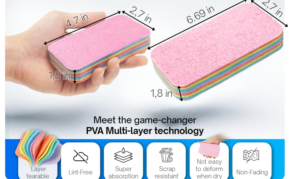 LEAVAQ Peelable Microfiber Sponges 4 Pack – 12-Layer Tear Away PVA Cleaning