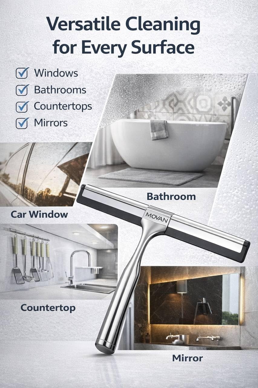 MOVAN Shower Squeegee Glass Doors W/ Replacement Silicone Blade – 304 Stainless