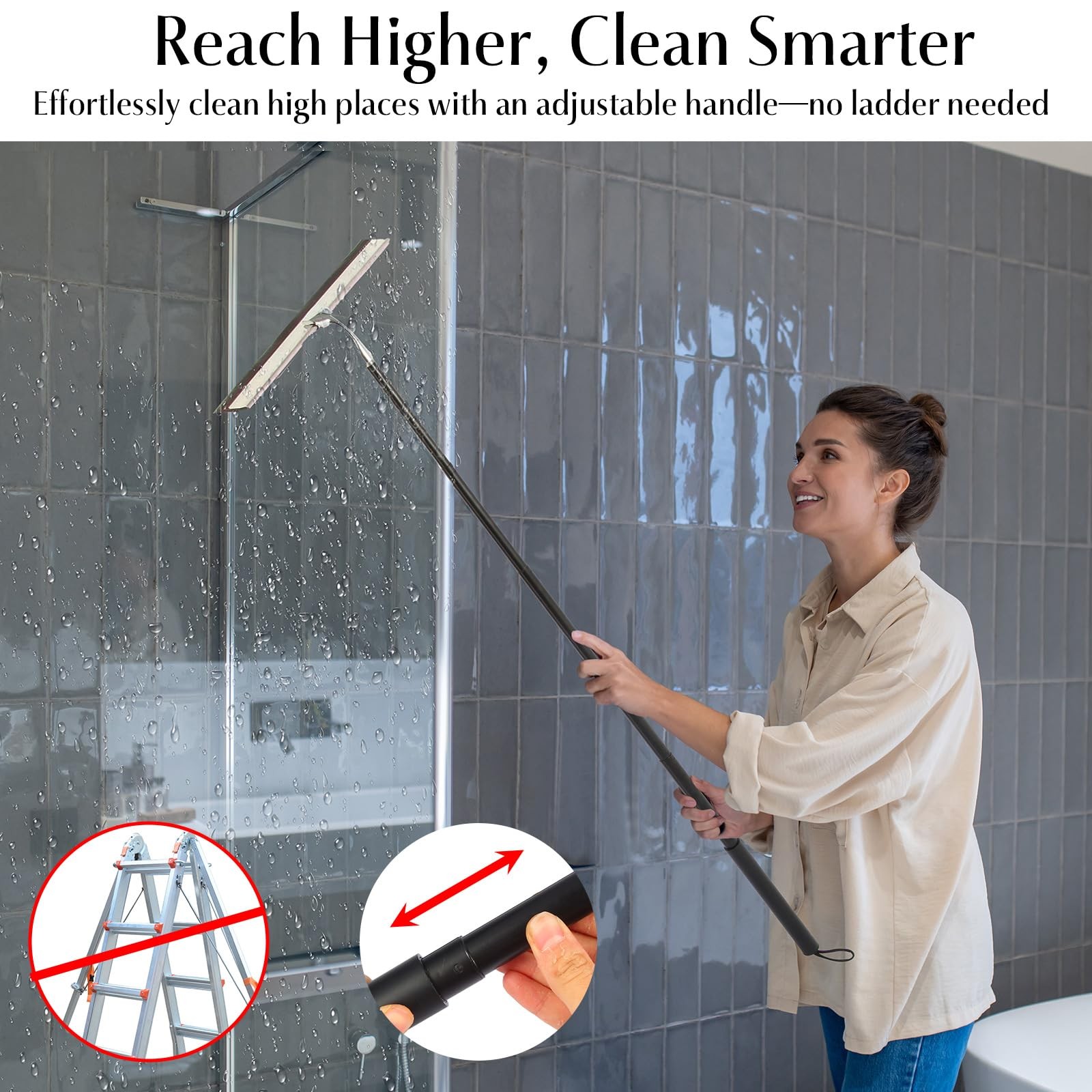 Shower Squeegee with Long Handle – Includes Silicone Blade, Extendable 13″ to…