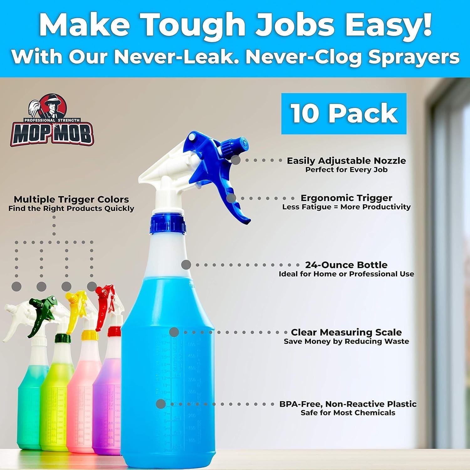 Heavy Duty Industrial Sprayer 10 Pack 24 Ounce Bottles with Low Fatigue Trigger