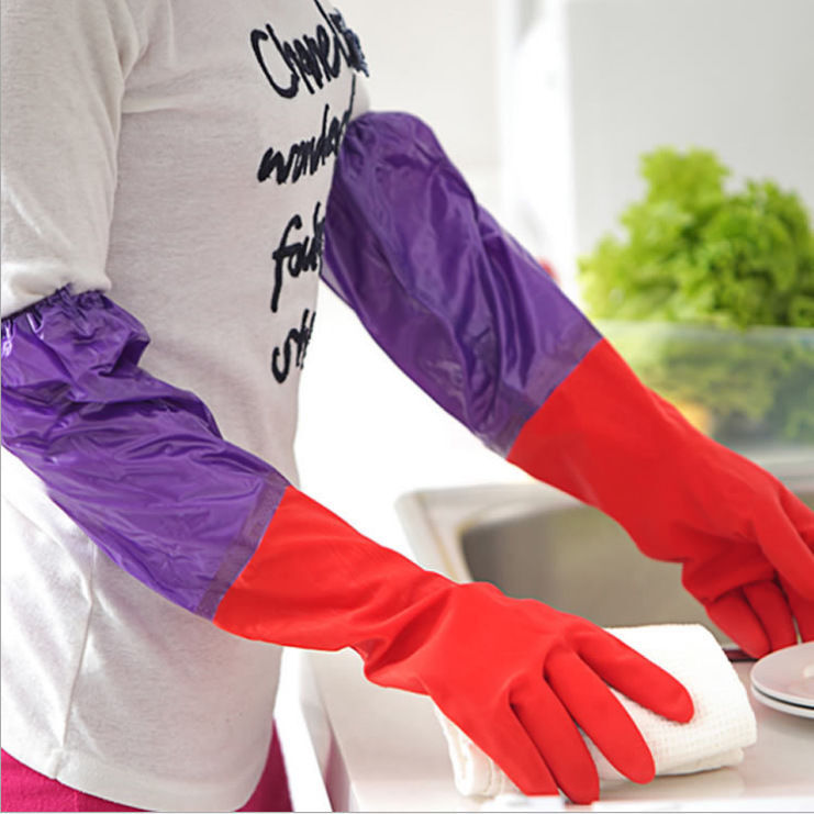 2Pairs Rubber Latex Warm Gloves Extra Long Cuff Sleeve Kitchen Dish Cleaning PVC