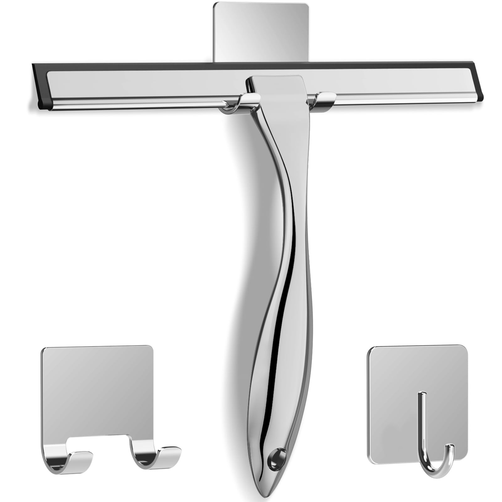 Stainless Steel Shower Squeegee 10 Inch, 2 Hooks, Glass Window Car Cleaner Tool