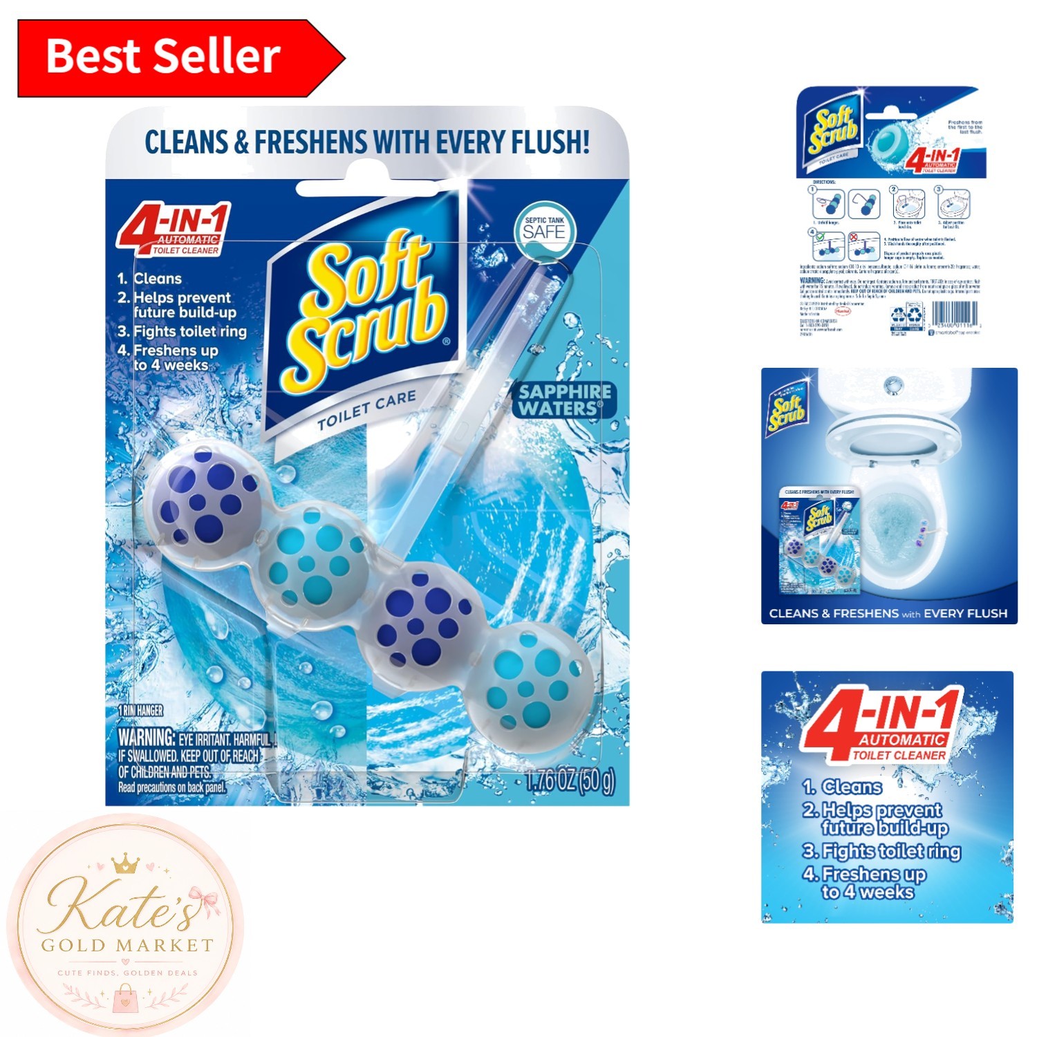 4-in-1 Toilet Care Cleaner – Sapphire Waters Scent, Lasts 4 Weeks – 1.76 Fl Oz