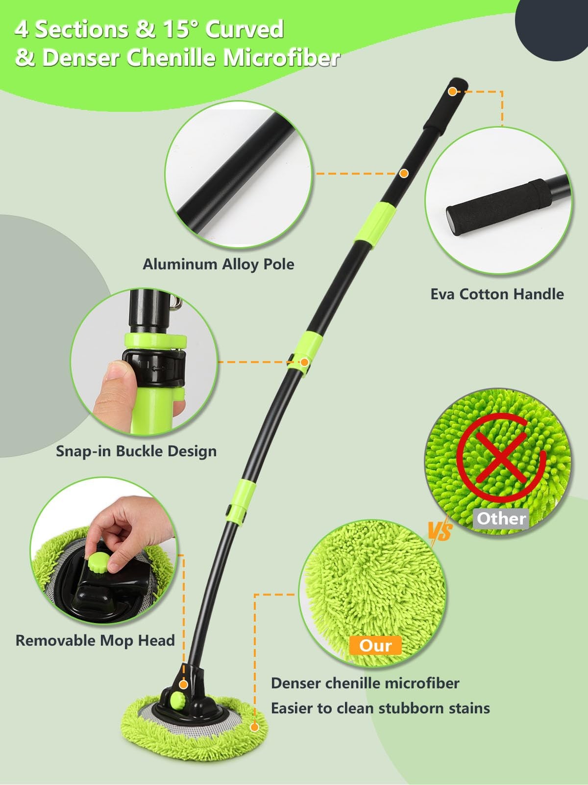 4 Sections Car Wash Brush with 15° Curved Aluminum Alloy Long Handle Telescop…