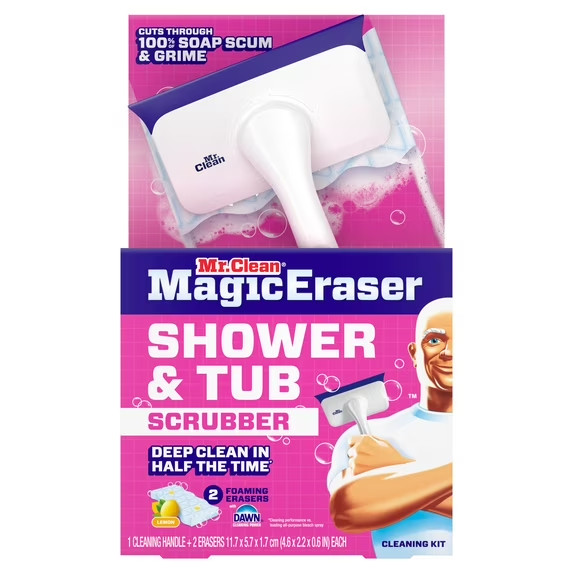 Mr. Clean Shower & Tub Scrubber, Starter Kit, 1 Scrubber & 2 Erasers