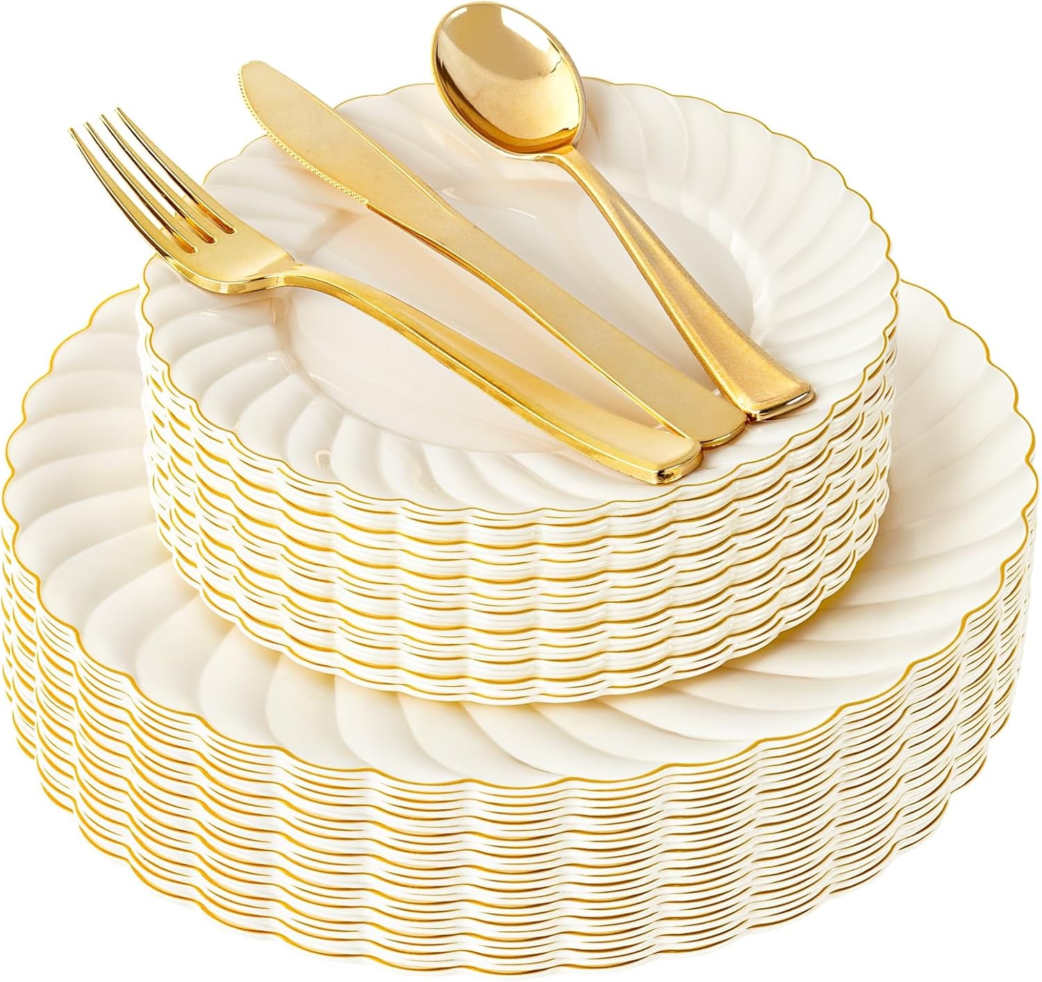 YOUBET 125PCS Scalloped Plastic Plates – Ivory Scalloped Disposable Plates – G