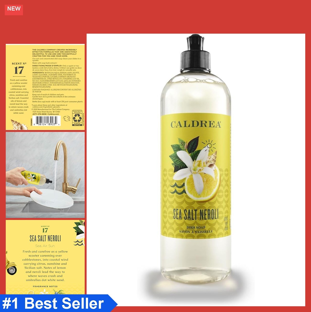 Dish Soap Biodegradable Liquid Sea Salt Neroli 16 oz Concentrated Scented