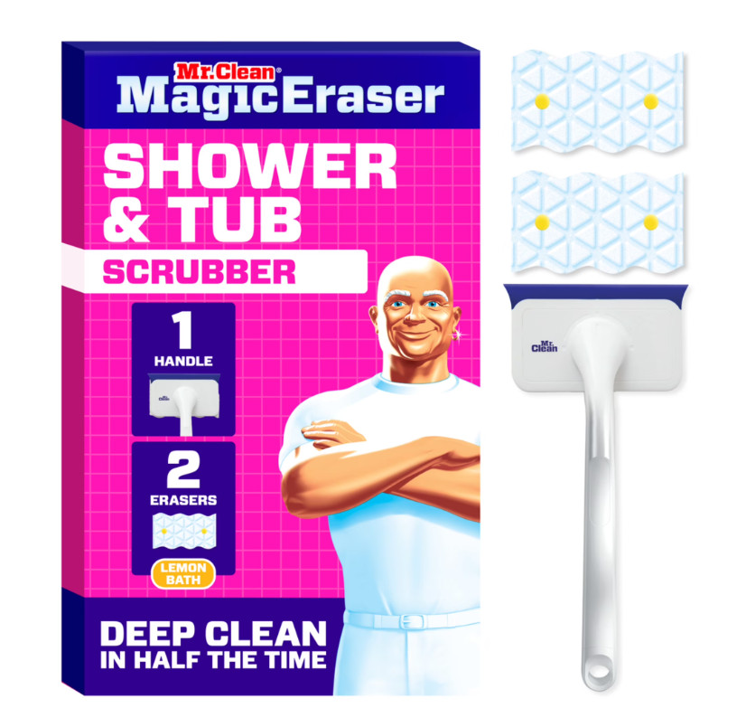 Mr. Clean Magic Eraser Shower & Tub Scrubber, 1 Device + 2 Refills, White