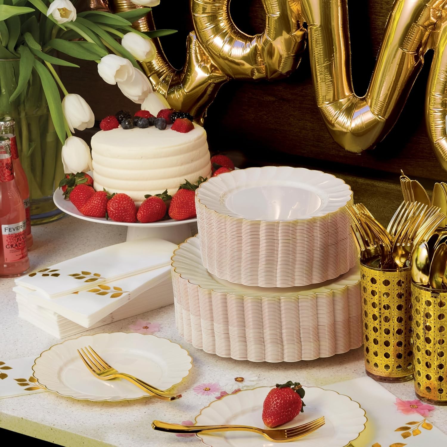 By Madee HEAVYWEIGHT 100 Pc Scalloped Ivory & Gold Plastic Plates for Party |