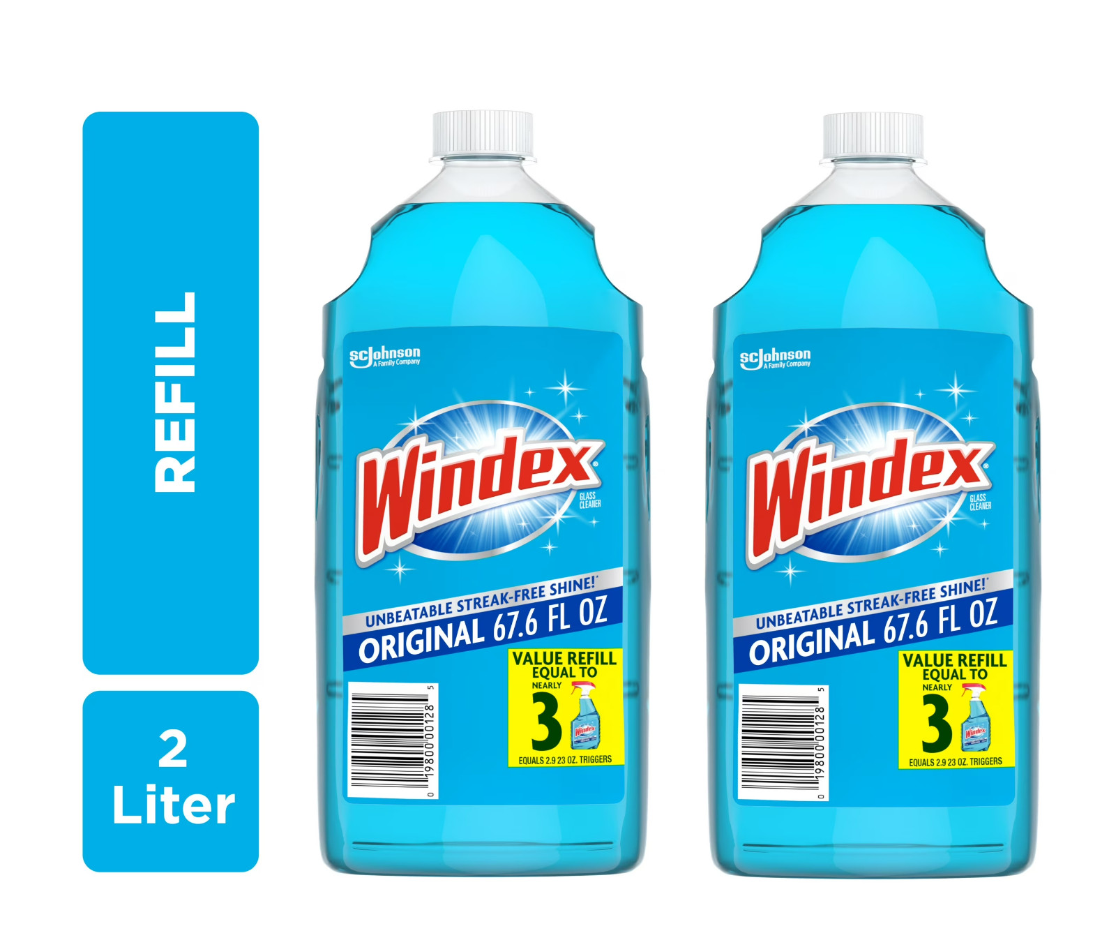 Windex Glass Cleaner Spray Refill, Original Blue Window Cleaner, 2L, pack of 2