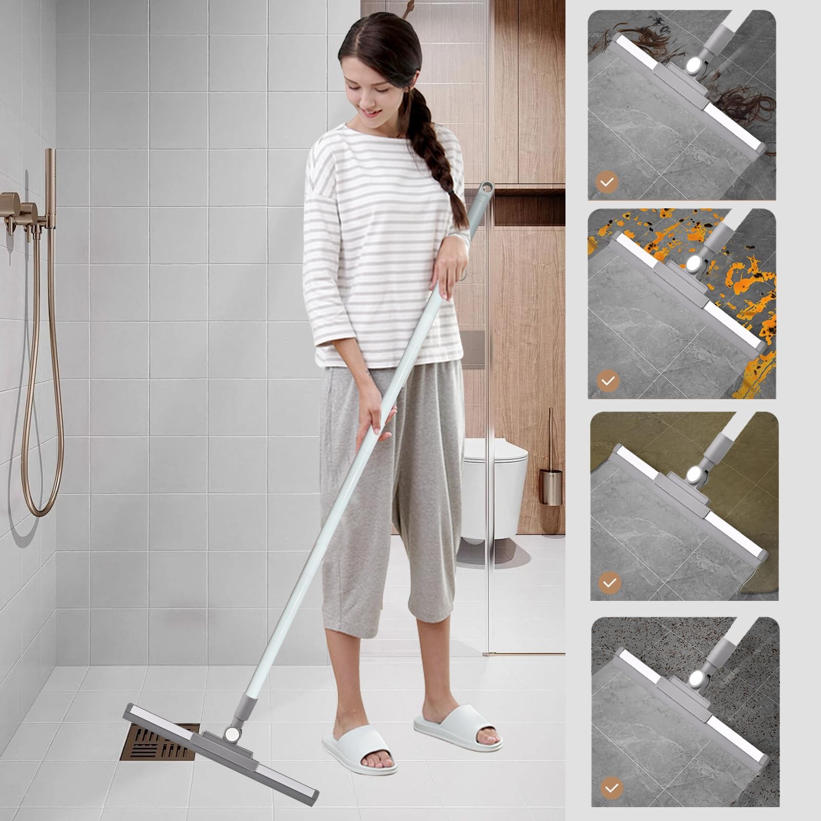 Squeegee Broom for Floor Shower Squeegee with Long Handle Rubber Wiper for Ba…