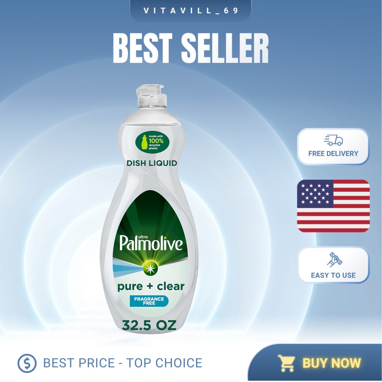 Pure + Clear Unscented Dish Soap, 32.5 Oz – Biodegradable & Paraben-Free Formula