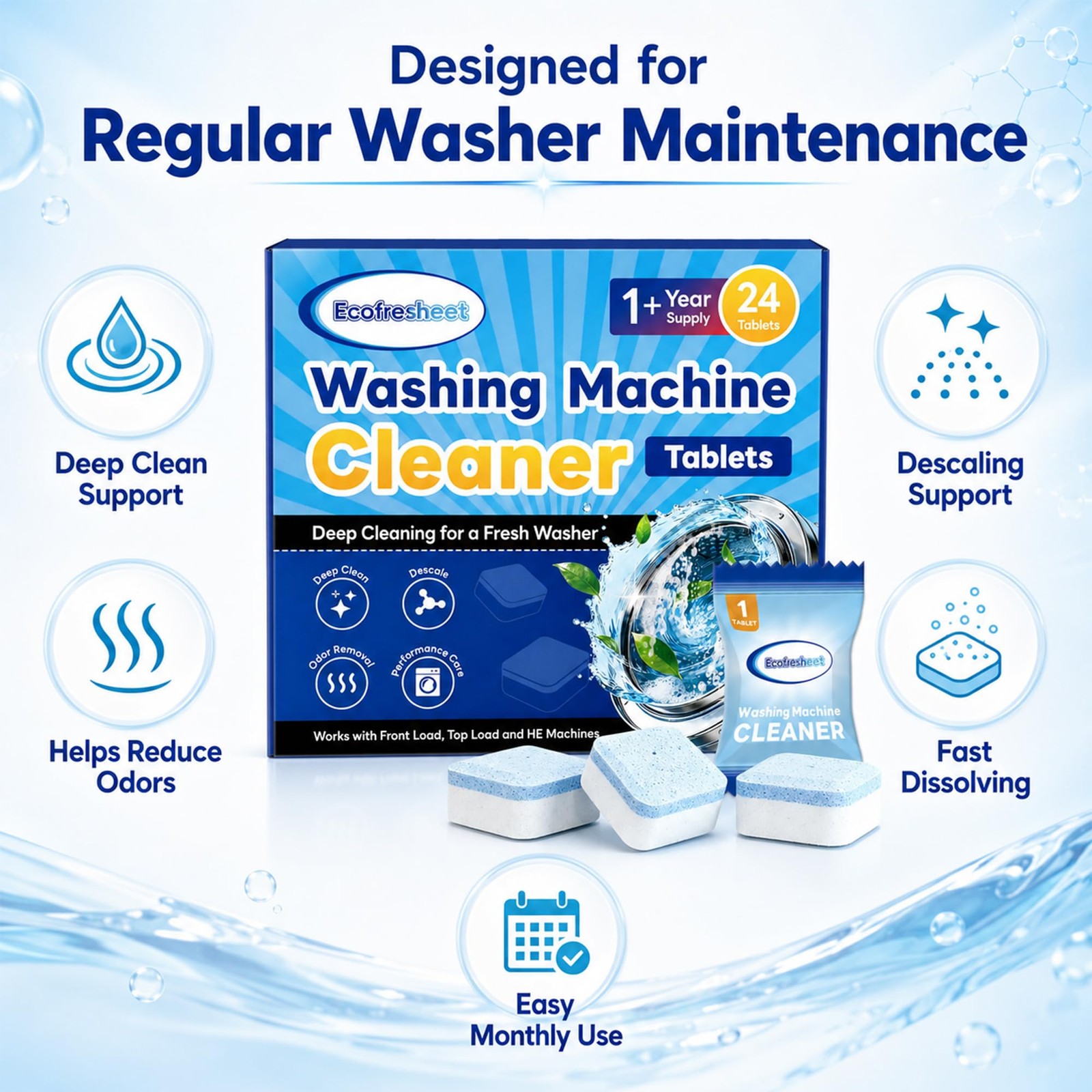 Washing Machine Cleaner Tablets 24 Count, Deep Cleaning Washer Cleaner for Fr…