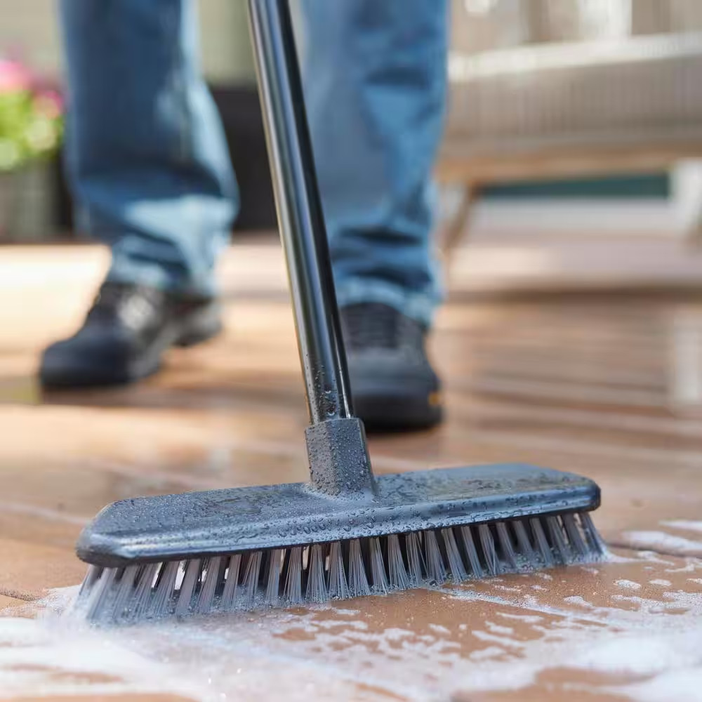 HDX 12 in. Plastic Deck Scrub Brush with 50 in. Steel Handle Stiff Bristles 1Pk