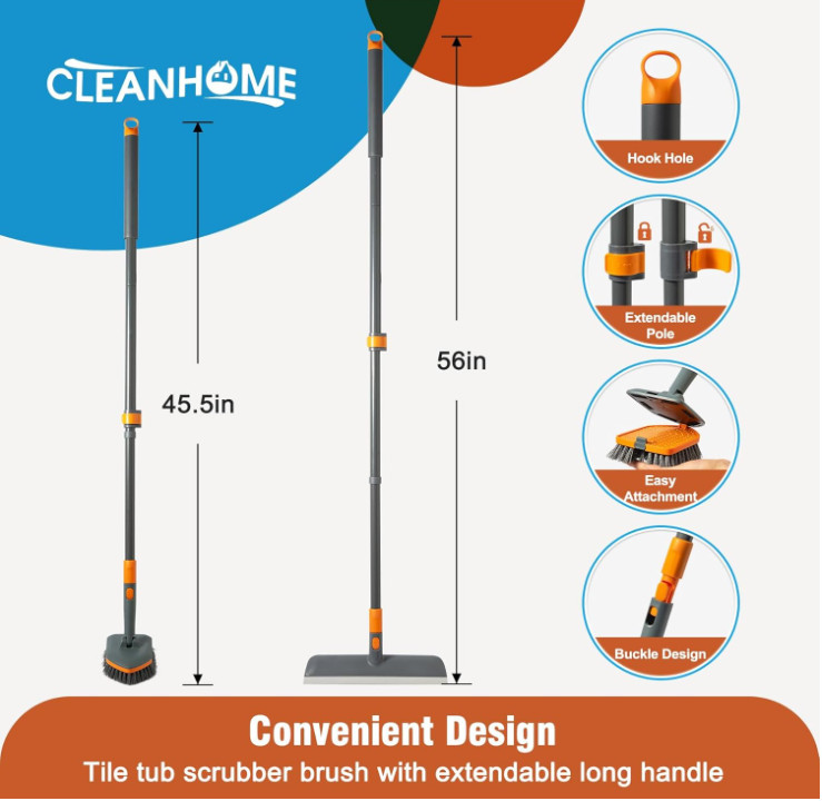 Cepillo Fregador con Mango Extensible 56″ y 4 Cabezales para Baño, Nuevo