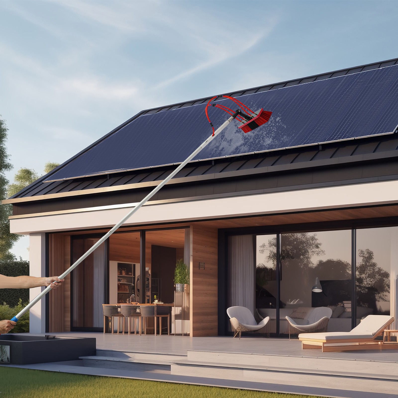 Long Reach Solar Panel Clean Brush Kit, Outdoor Window Clean Water-fed Rod Kit
