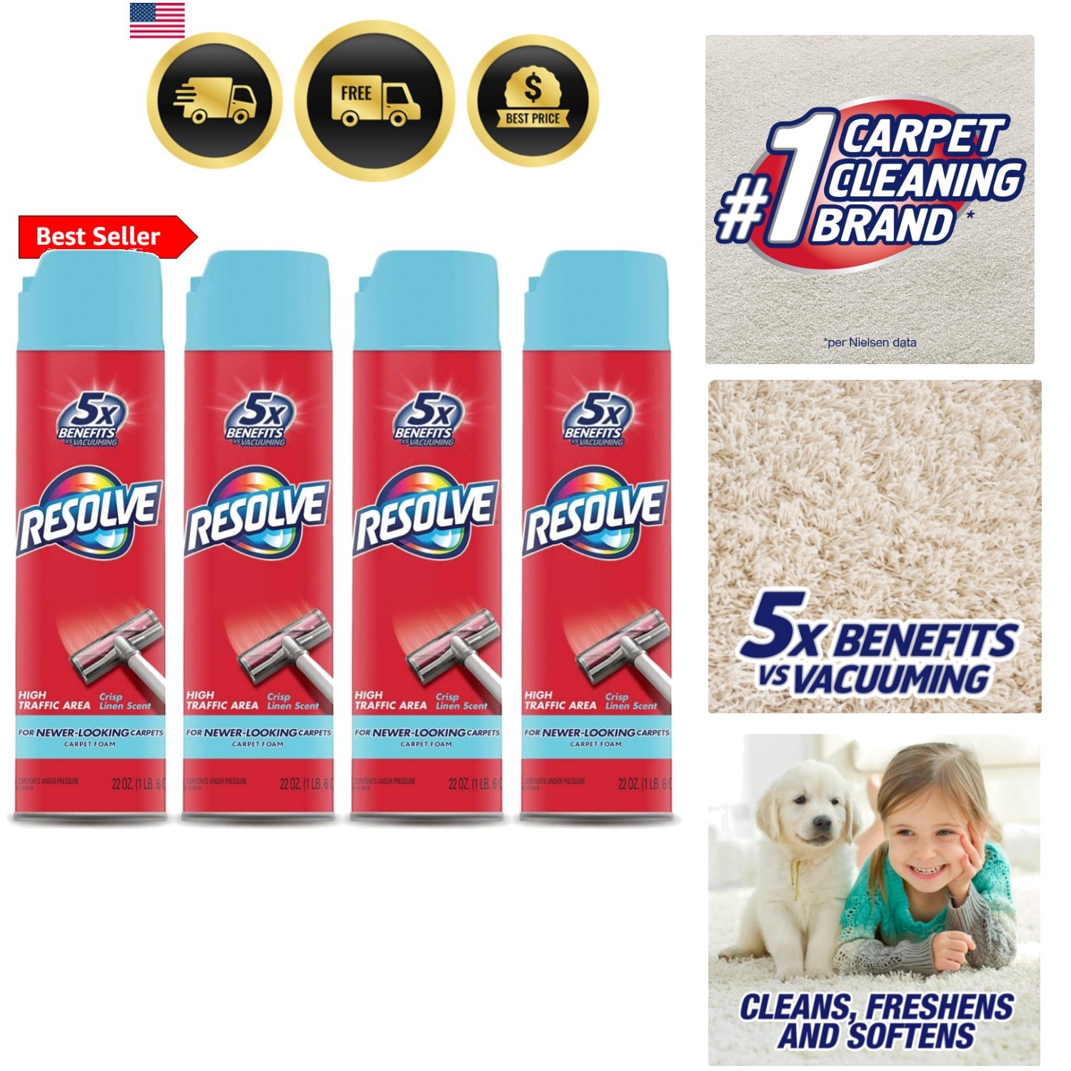 High Traffic Carpet Foam, Crisp Linen 88 oz 4 Cans x 22 oz, Cleans Freshens S…