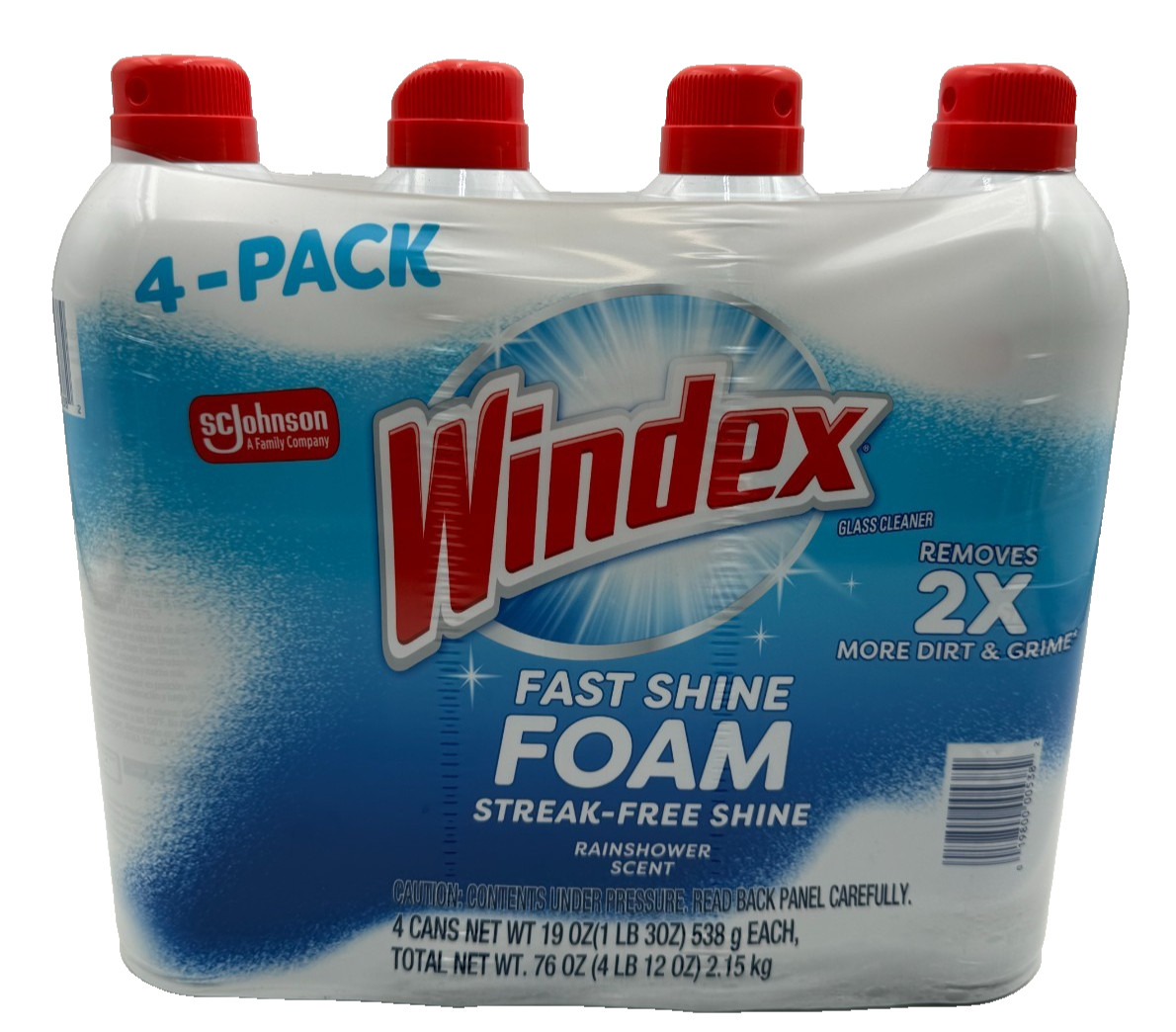 Windex Foam Glass Cleaner Fast Shine Streak-Free Rainshower Scent 19 oz, 4-pack