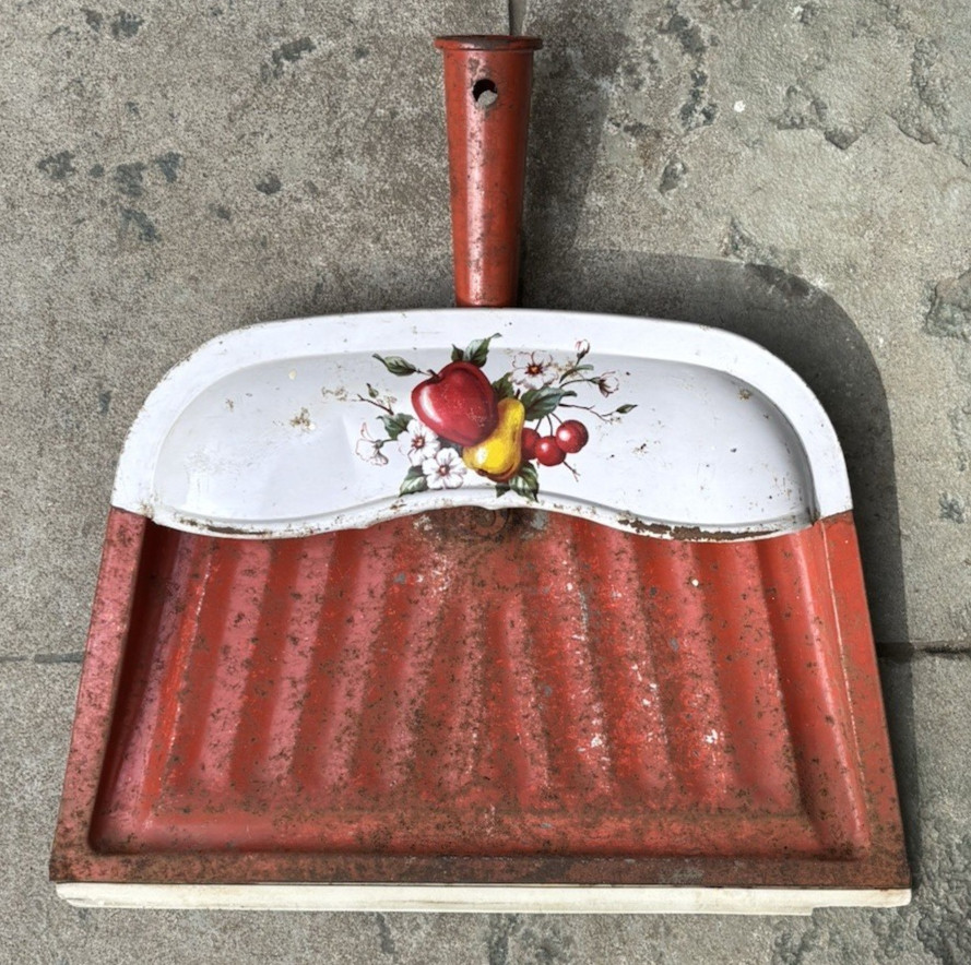 Vtg Red Metal Dustpan Floral w/ Fruit – Apple, Pear, Cherries – Very Worn, Rusty
