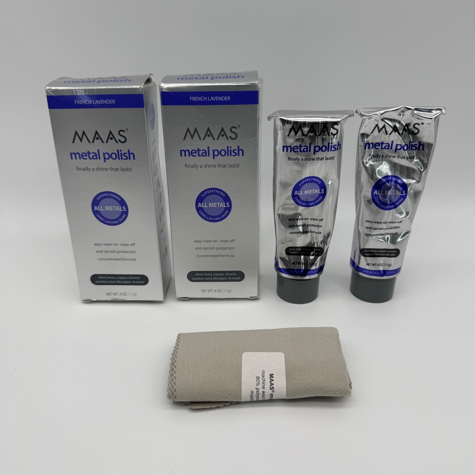 (Lot of 2) Maas Metal Polish 4oz French Lavender All Metals w/ Cloth USA Made