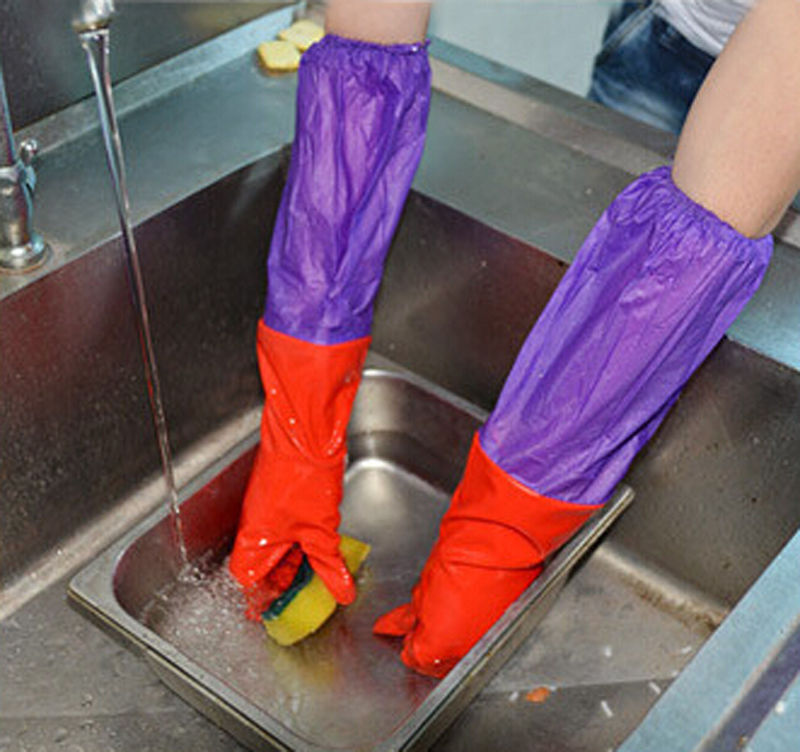2Pairs Rubber Latex Warm Gloves Extra Long Cuff Sleeve Kitchen Dish Cleaning PVC