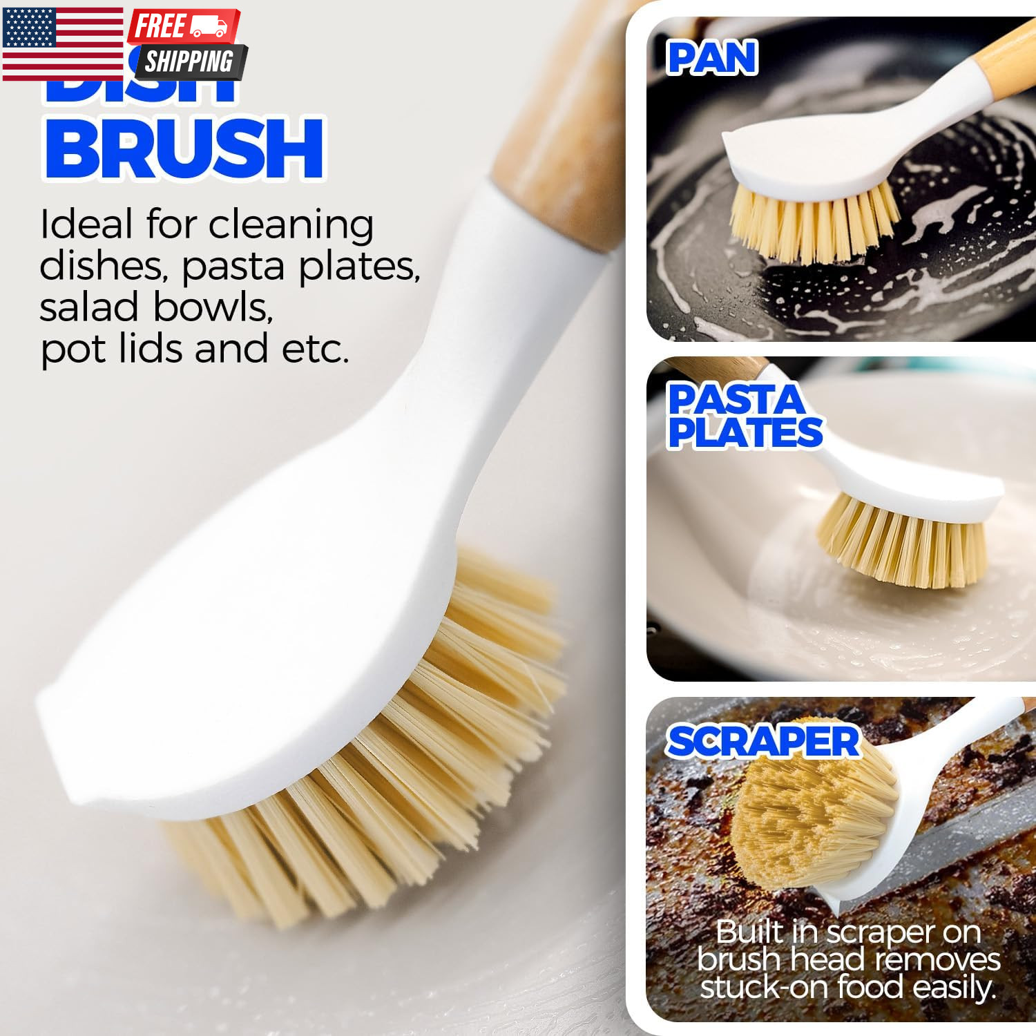 6 Pack Dish Brush Scouring Pad Set with Bottle Brush, Dish Brush, Palm Scrub Bru