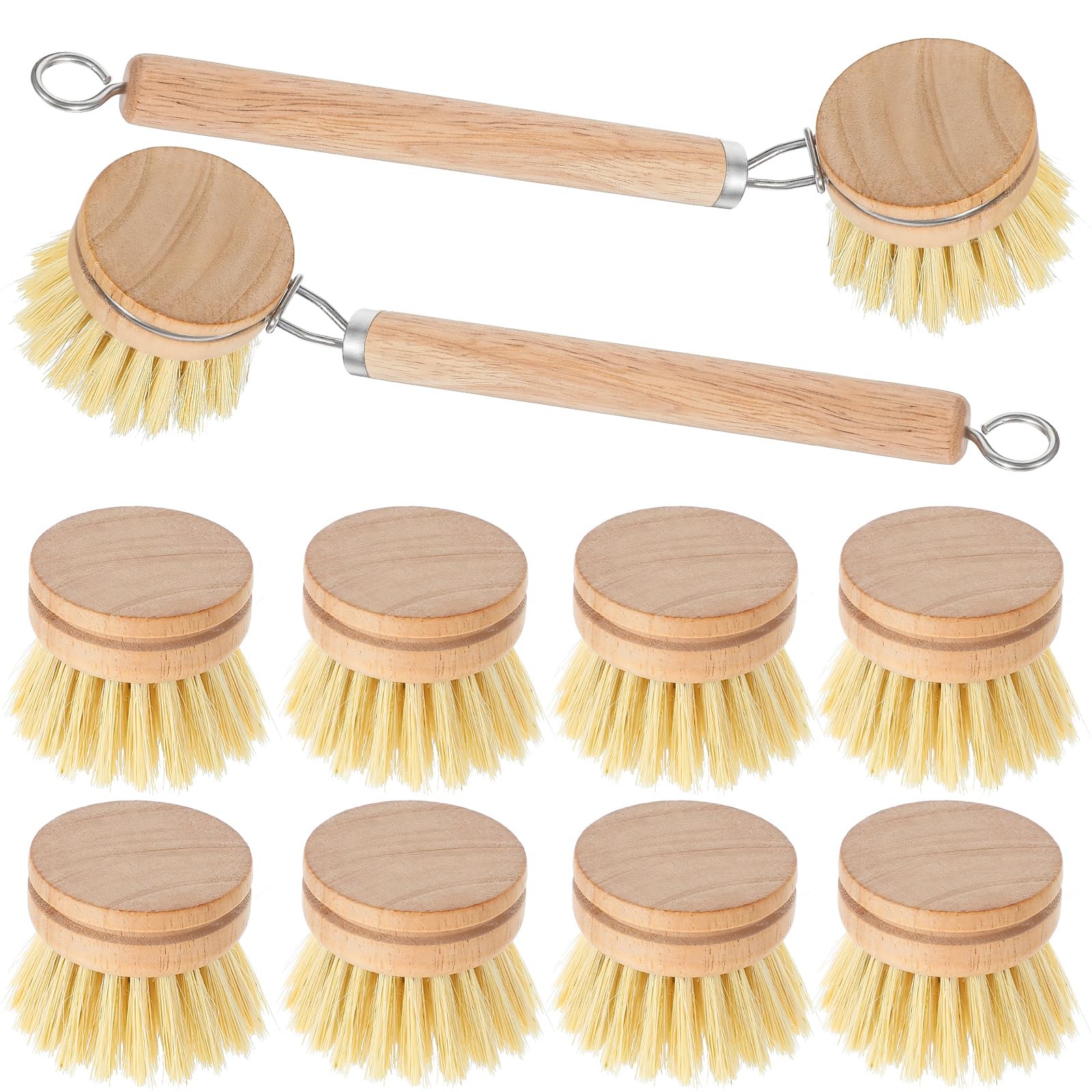 Bamboo Dish Brush with Handle, 10 Pcs Replacement Heads Wooden Kitchen Brush …
