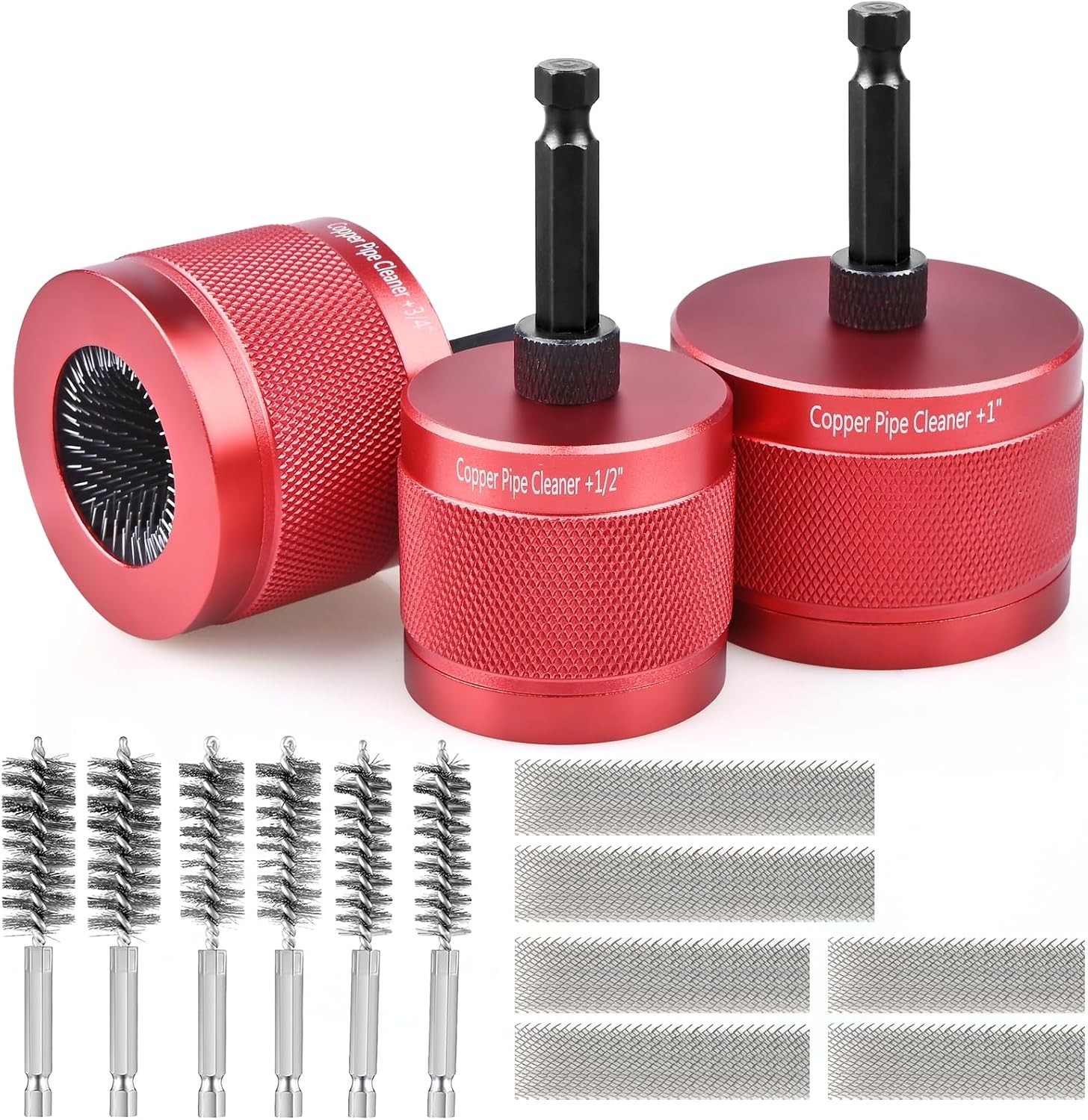 1/2″ & 3/4″ & 1″ Copper Pipe Cleaner Set with Drill-Compatible Brushes