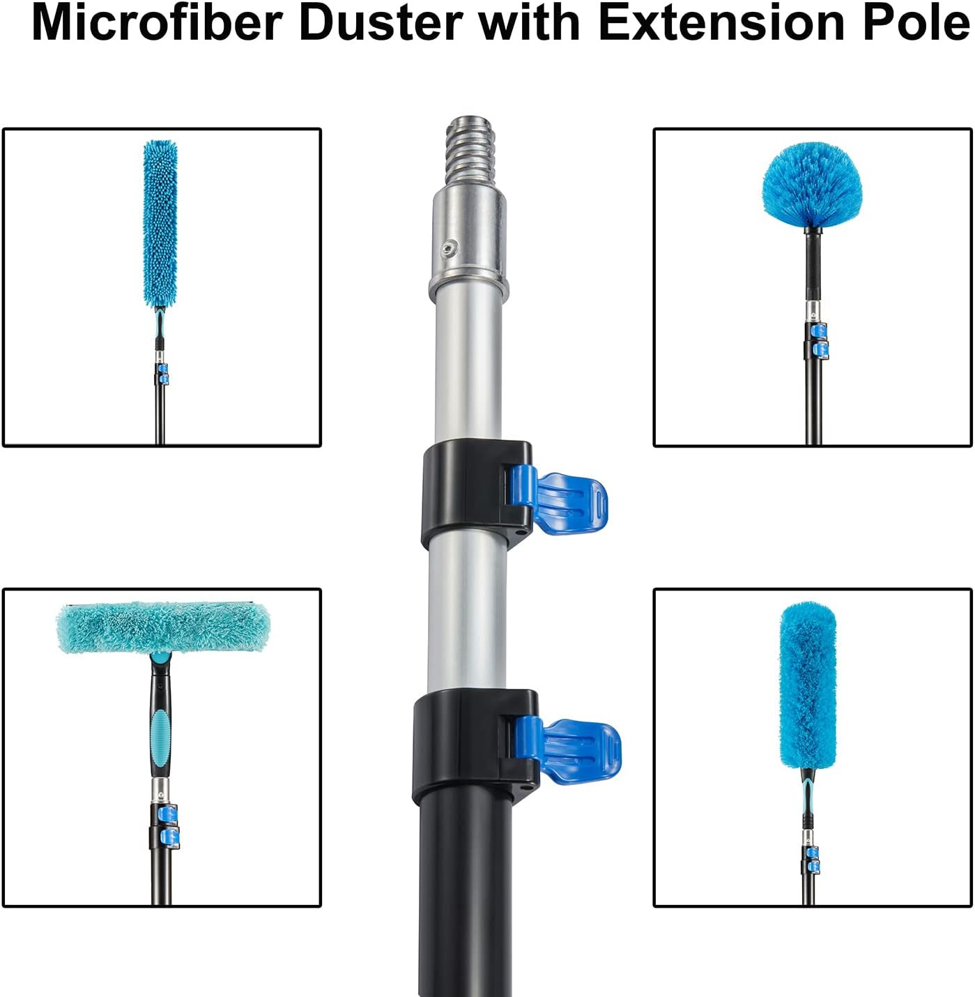 30ft High Ceiling Fan Duster & Extendable Cleaning Kit with Squeegee – Blue
