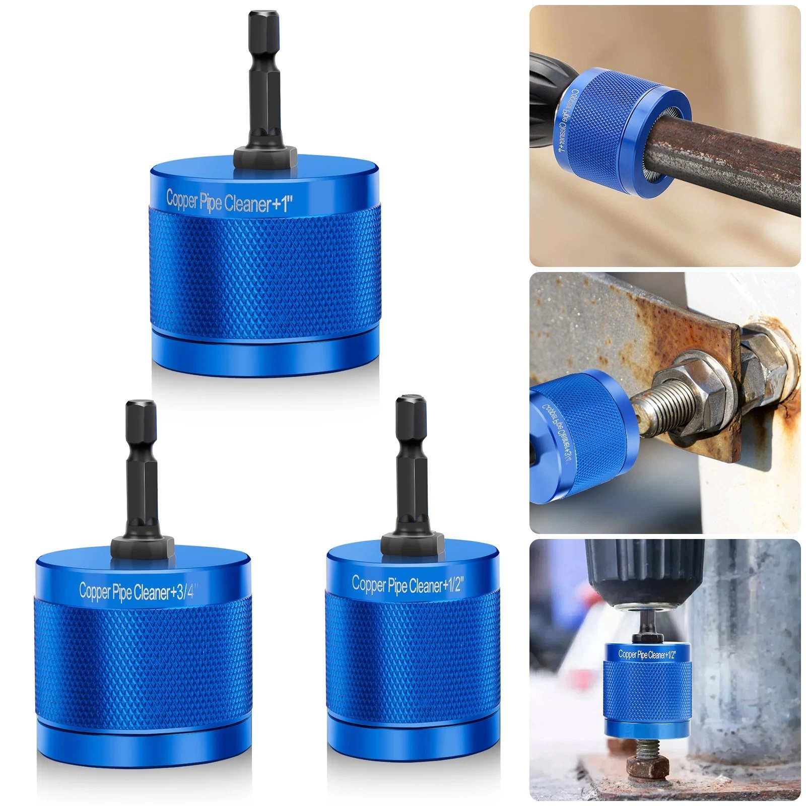 3x Copper Pipe Cleaner Drill Set 1/2 3/4 1 Metal Plumbing Tube Brush Kit Tool