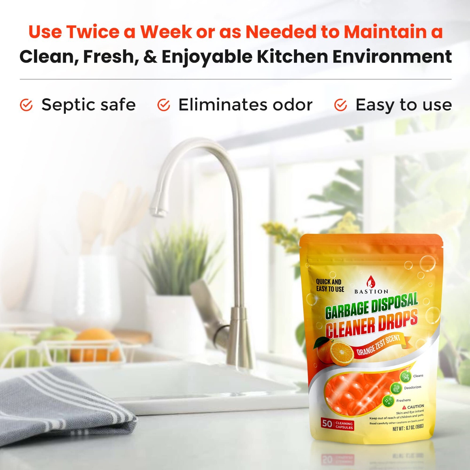 Garbage Disposal Cleaner and Deodorizer Drops by Bastion Orange Zest Scented