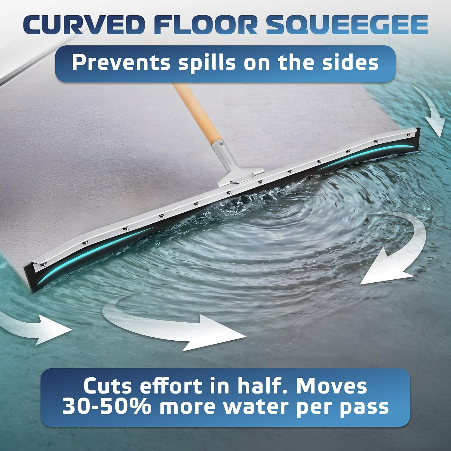 36” Curved Floor Squeegee with Rubber Blade for Tiles, Concrete, Asphalt