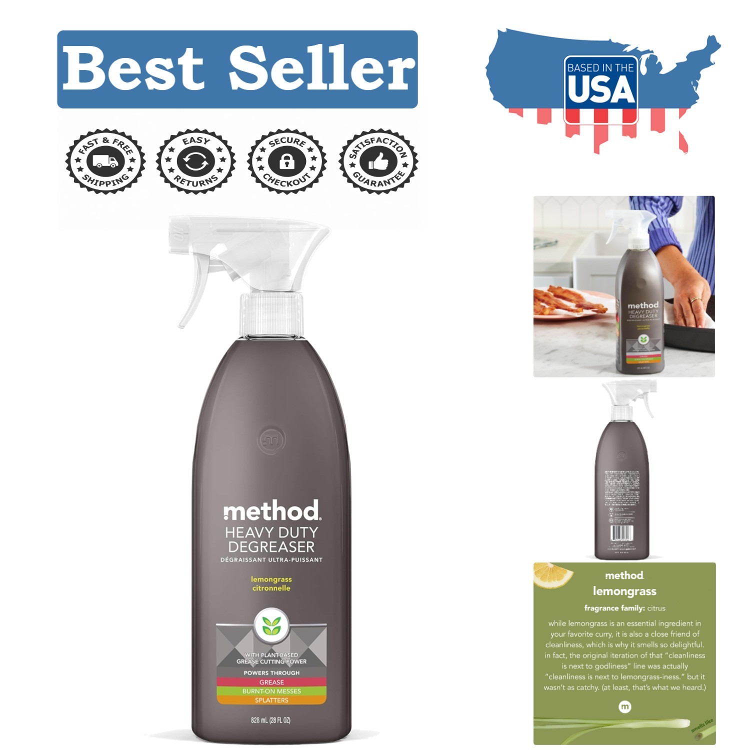 Eco-Friendly Heavy Duty Degreaser with Lemongrass Scent – 28 Oz Spray Bottle