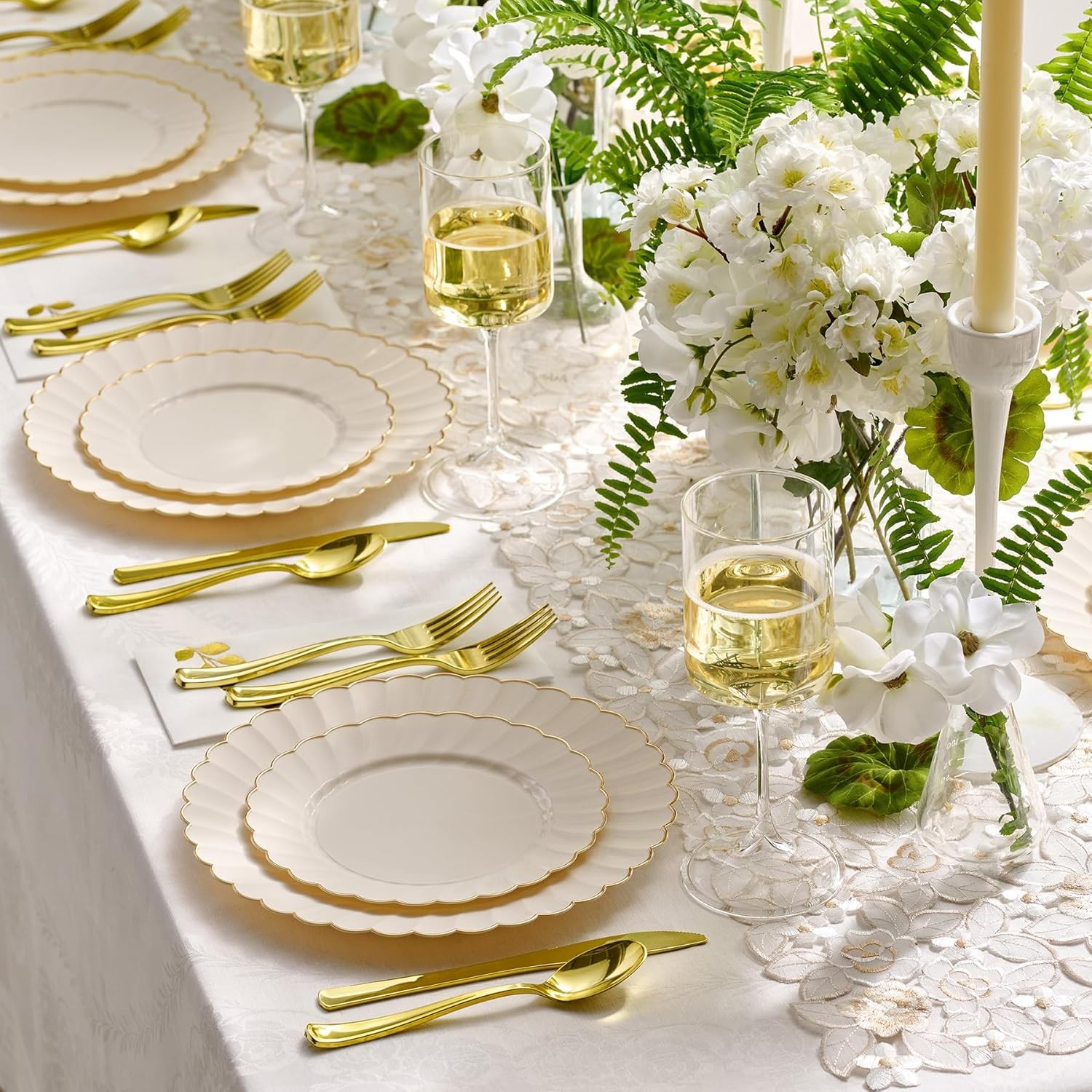 By Madee HEAVYWEIGHT 100 Pc Scalloped Ivory & Gold Plastic Plates for Party |
