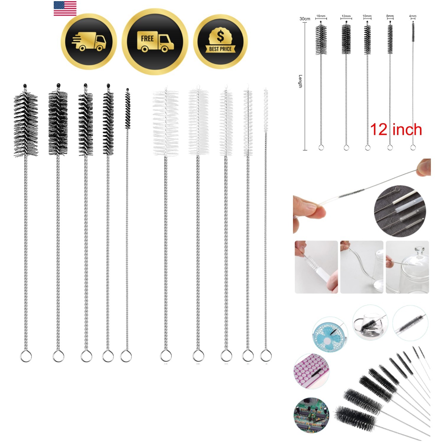 Straw Cleaner Brush Extra Long 12 inch, 10 PCS Straw Cleaner Brush Bristles D…