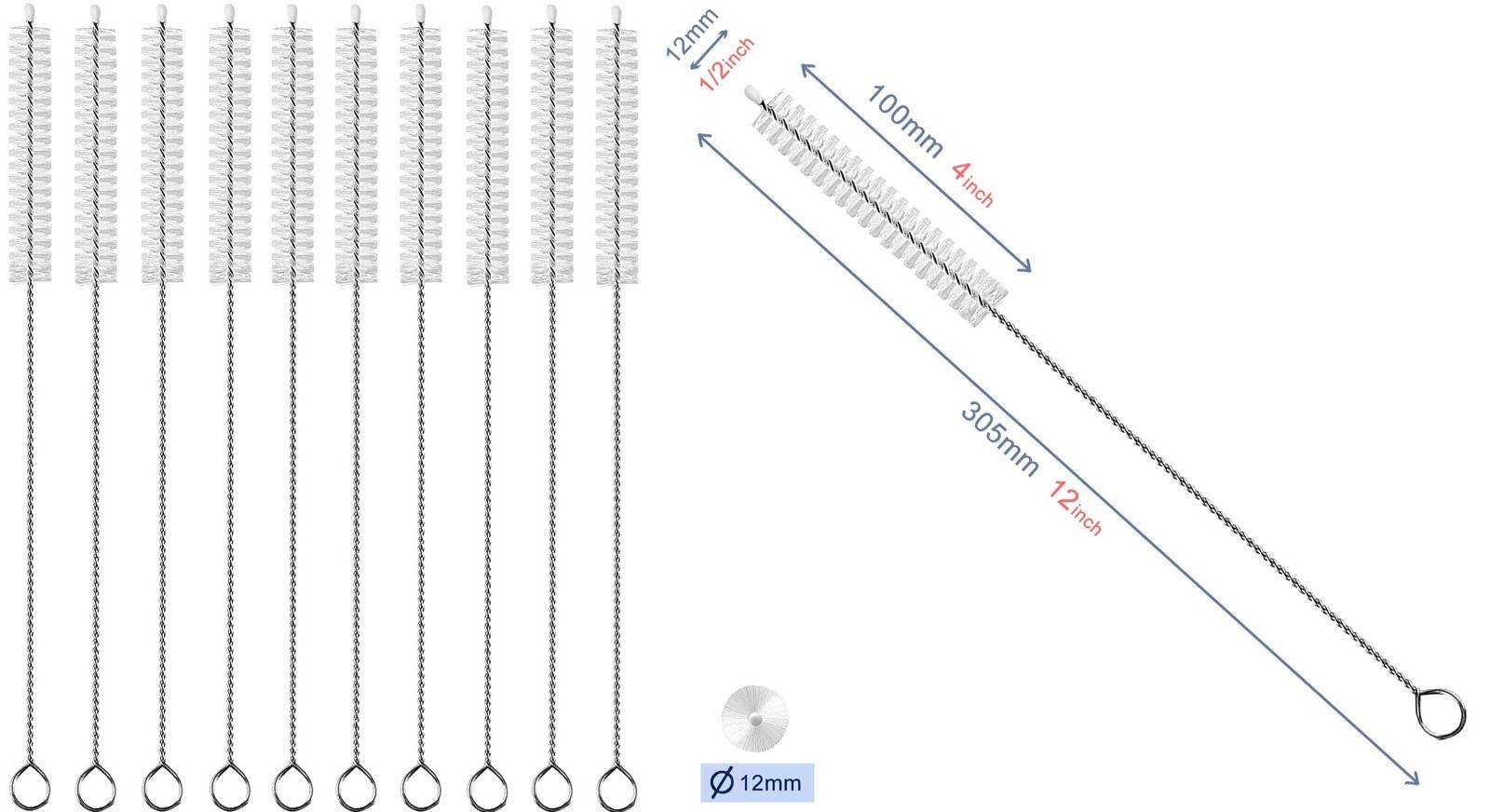 Set of 10-Pack Straw Cleaner Brush Extend 12 inch, Extra Wide 12mm diameter