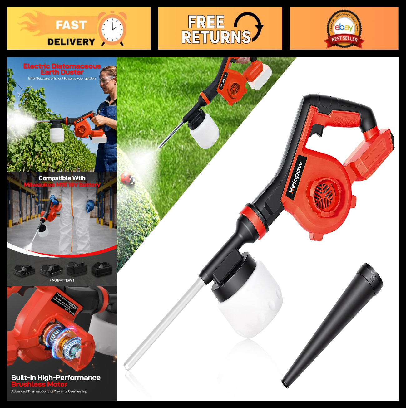 Electric Diatomaceous Earth Duster for Garden – 800mL, Variable Speed, 2-in-1 Sp