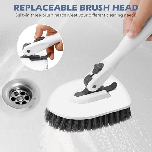 4-in-1 Tile Tub Floor Scrubber with 52″ Adjustable Handle & Window Scrubber, 3 B