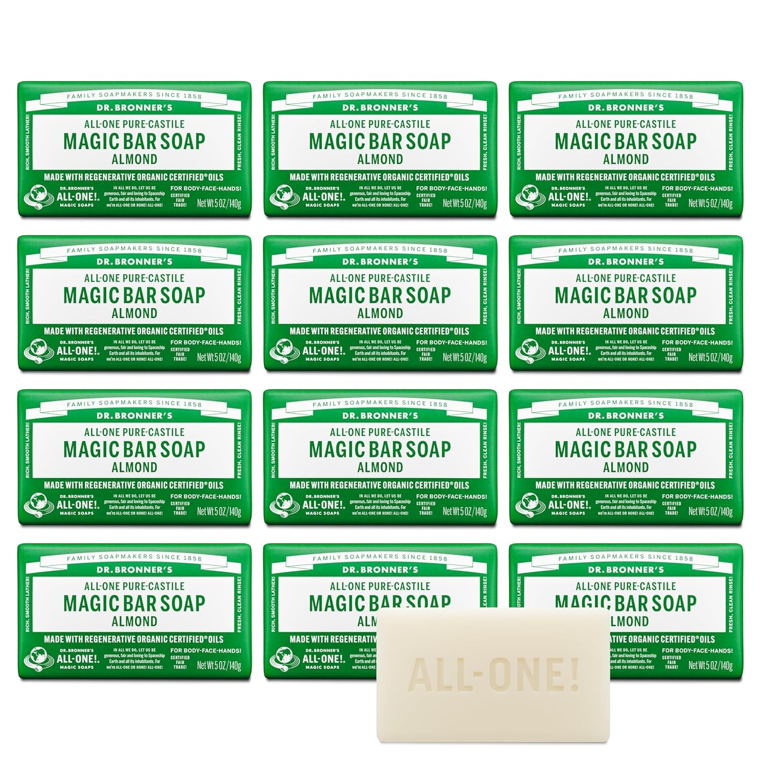 Dr. Bronner’s Pure-Castile Magic Bar Soap (Almond, 5 ounce, 12-Pack)-Made with