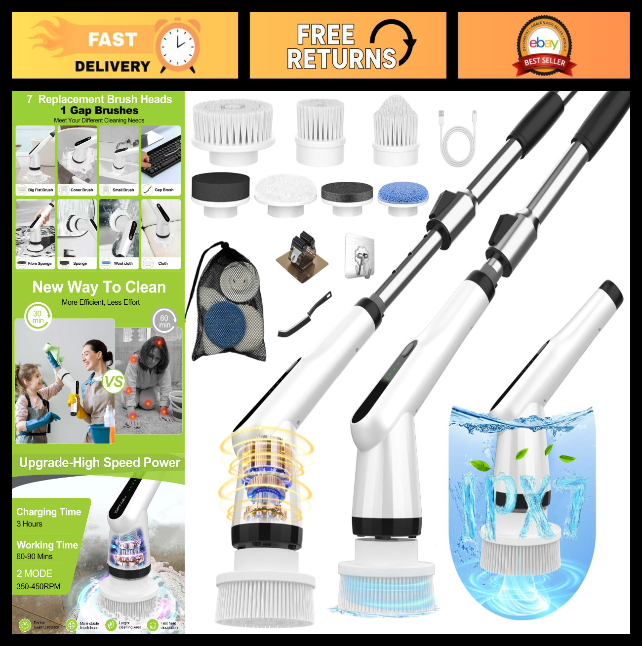 10-in-1 Electric Spin Scrubber with Long Handle, High-Torque Cleaning Brush for