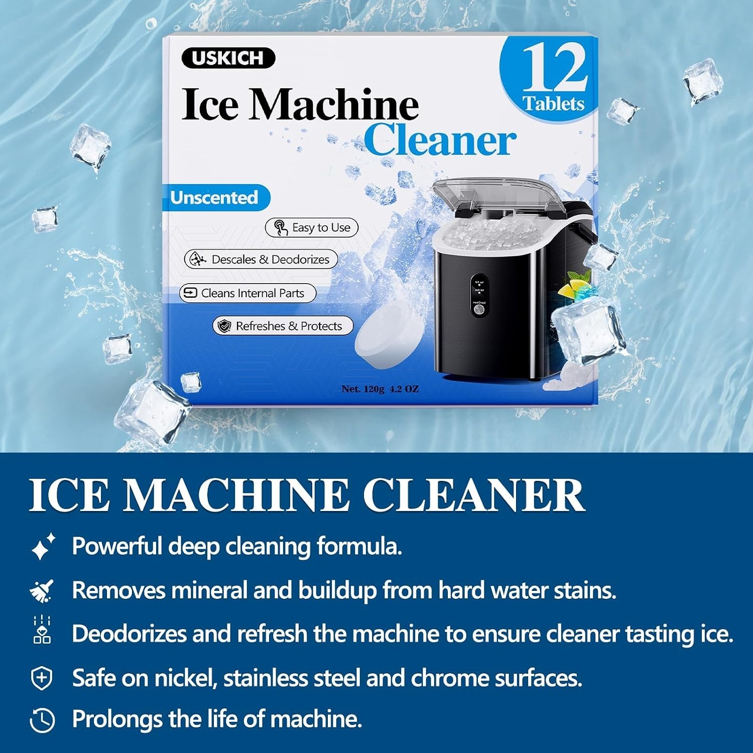Food Grade Ice Machine Cleaner Tablets – Nickel Safe 12 Count for All Ice Makers