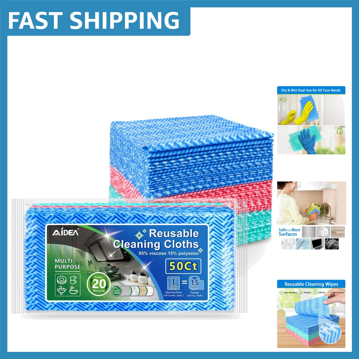 Versatile 12×12 Multi-Purpose Cleaning Wipes, 50pk Lint-Free for Home & Kitchen