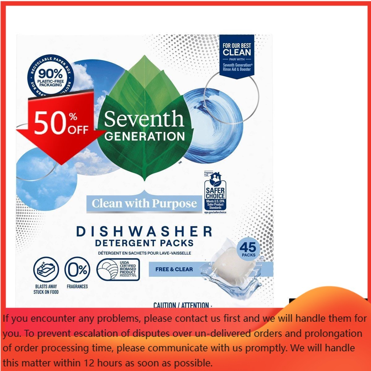 Seventh Generation Free & Clear Natural Dishwasher Detergent Packs – 45ct