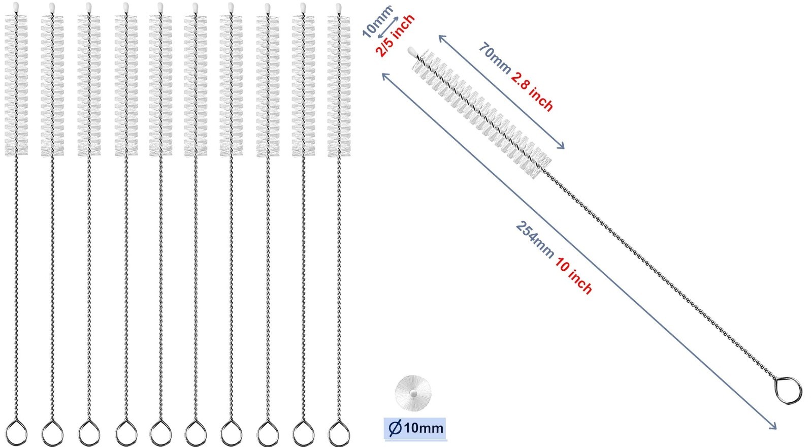 Set of 10-Pack Straw Cleaner Brush Extend 10 inch, Extra Wide 10mm diameter