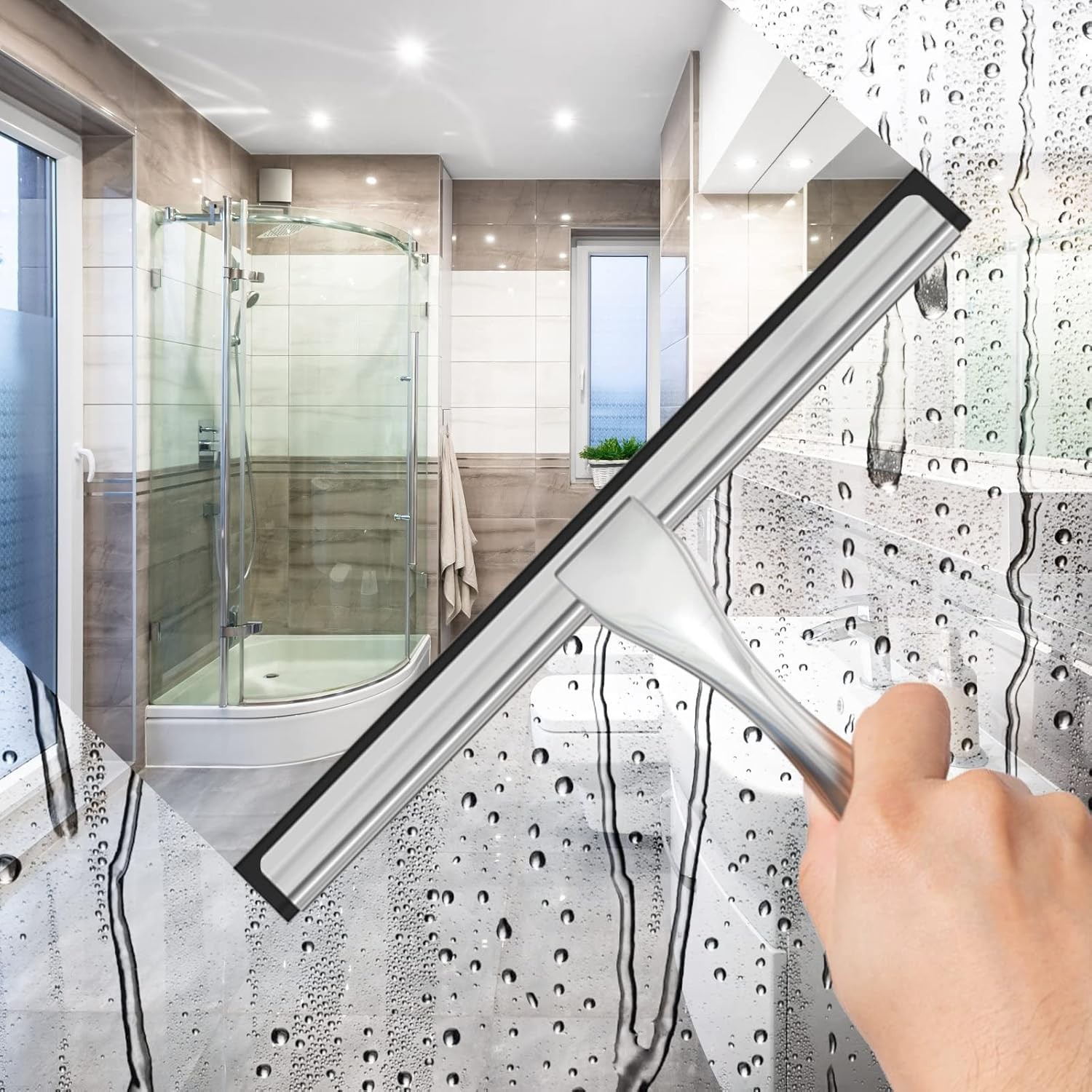 Stainless Steel Shower Squeegee Door with 2 Adhesive Hooks, 10 Inch Silver
