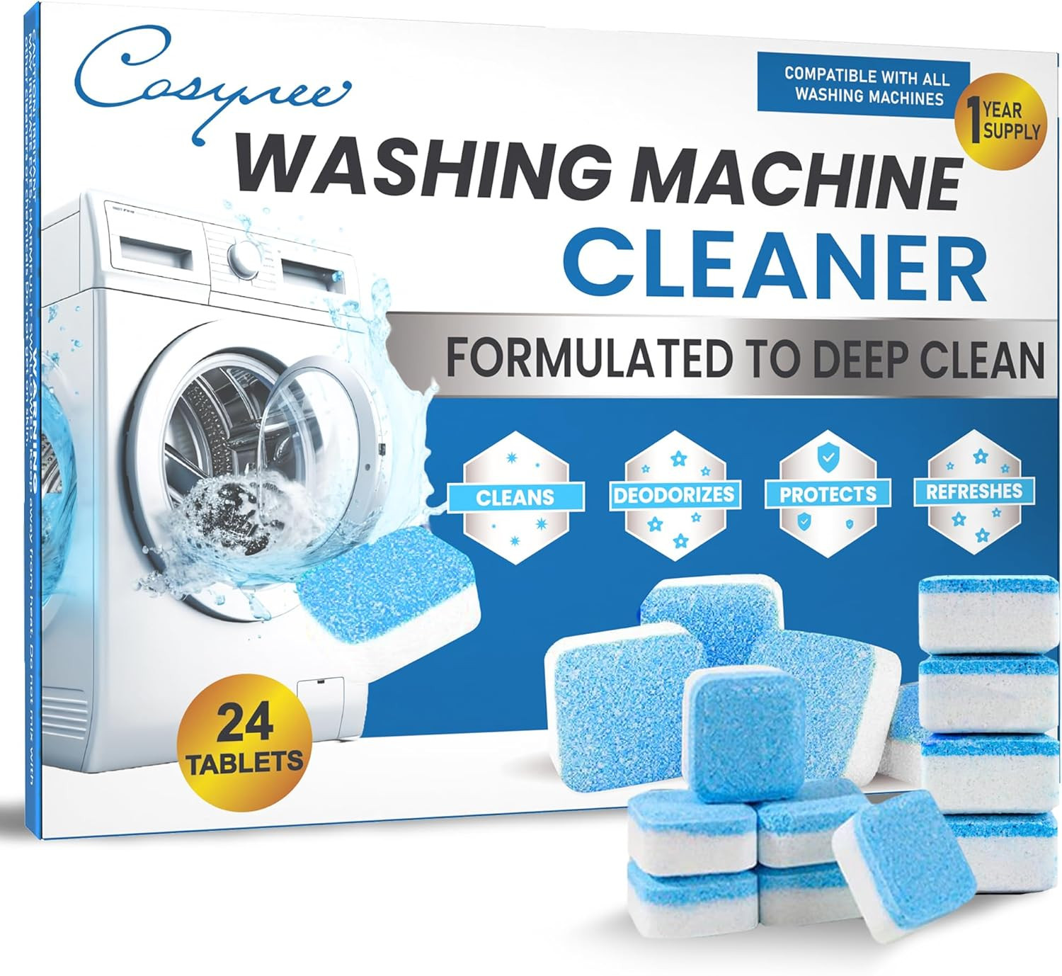 24 Pack Washer Cleaner Tablets Deep Clean Deodorizer & Descaler for All Machines